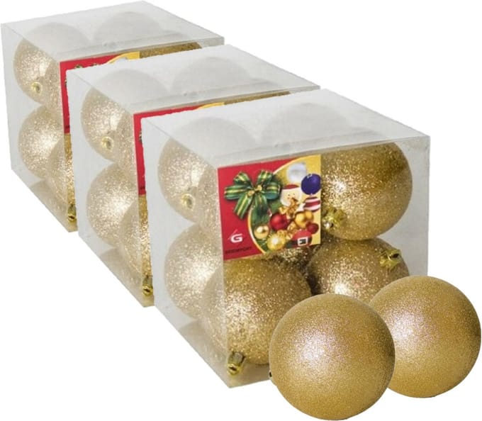 Gerimport Kerstballen 24x goud kunststof glitters - diameter 7 cm - feestelijk - eenvoudig ophangen