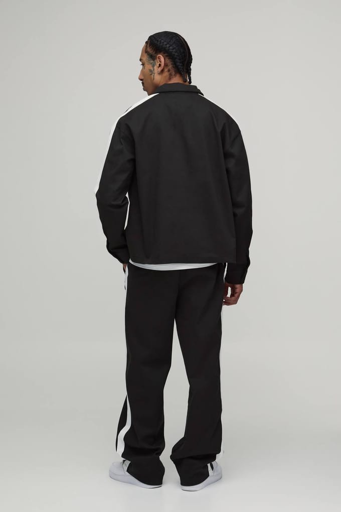 Twill Contrast Tape Oversized Boxy Zip Up Overshirt & Balloon Trouser Set | Charcoal | Size Medium