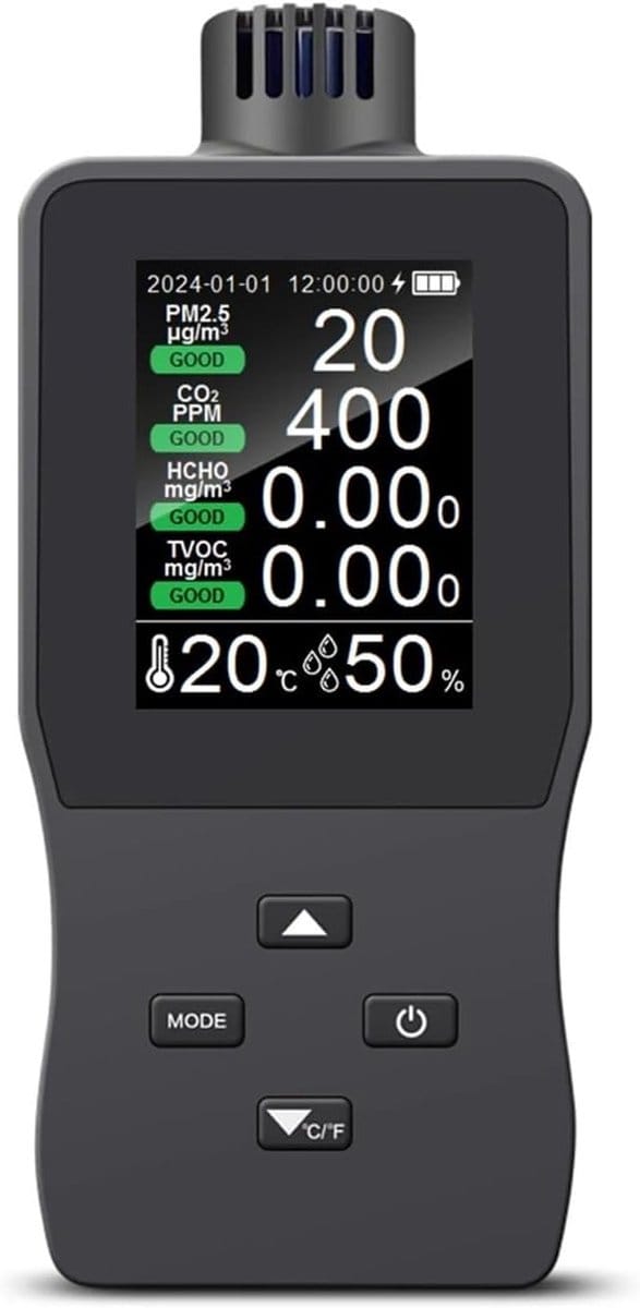 Luchtkwaliteit Tester - CO2 Meter - Binnenlucht Meten - Meerdere Gassen Detectie - 28 x 14 x 7 cm - Grijs