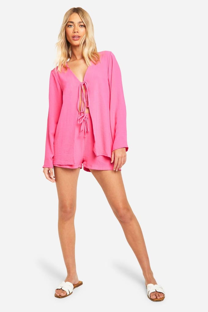 boohoo Dames Hammered Tie Front Blouse & Relaxed Fit Shorts | Roze | Maat: 34