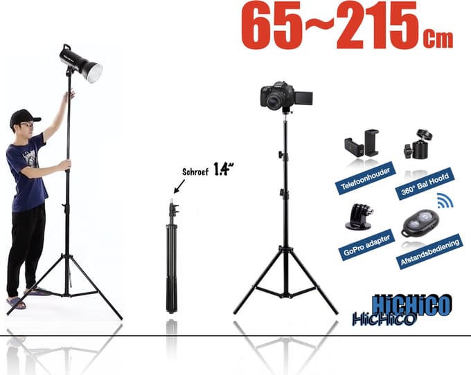 Smartphone Tripod Camera Statief 215 Cm + 360 ° Draaigreep, Telefoonhouder en Bluetooth Remote Shutter – HiCHiCO