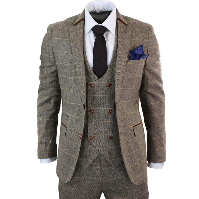 Heren 3-delig bruin visgraat tweed geruit pak