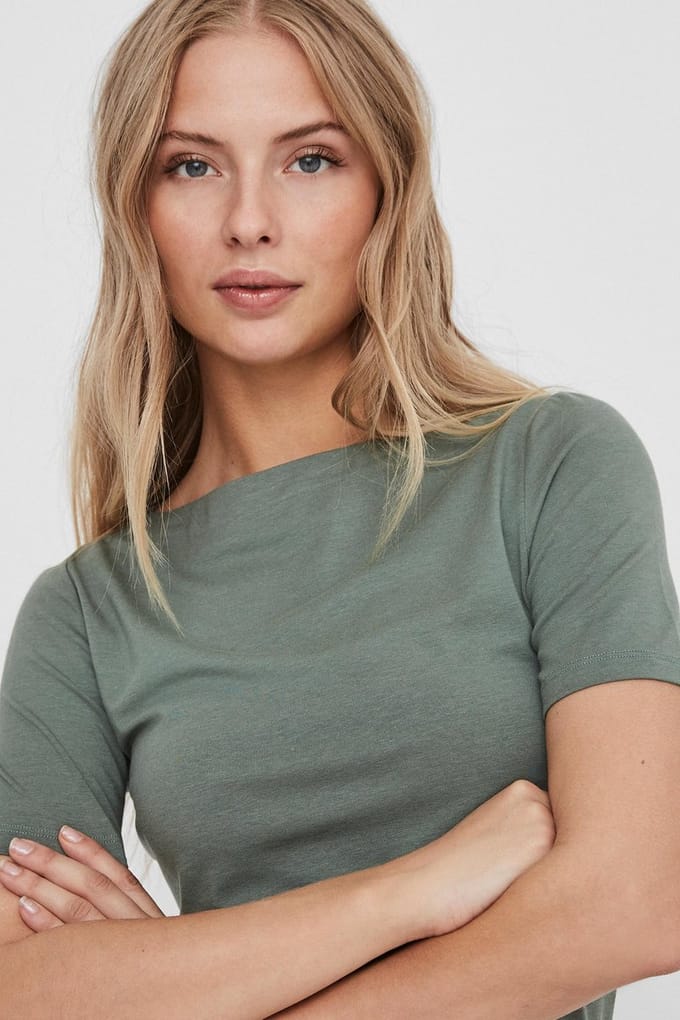 Boat Neck Short Sleeve Top Wo - Green Tops