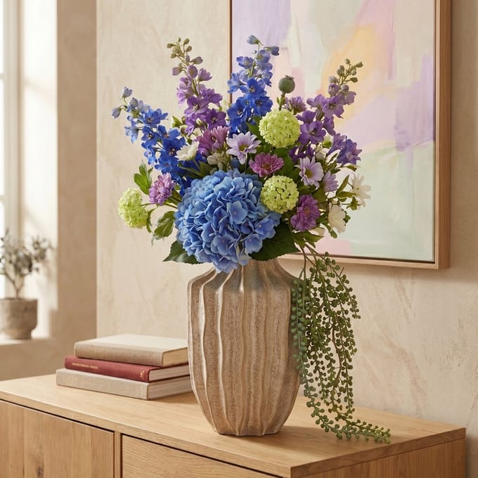 Handgebonden kunstboeket Maeve Riga - Wit/Blauw 80cm