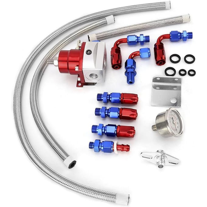 Kit Régulateur de Pression de Carburant de Voiture Universel Réglable avec Manomètre 100PSI (Rouge+Argent) noir