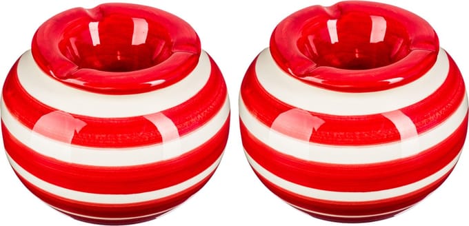 Terras asbak/stormasbak - 2x - rond - keramiek - 12 x 8 cm - rood/wit - Buiten asbakken