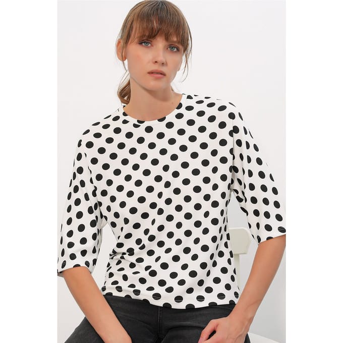 Overmaatse Blouse met Pois en Ronde Hals