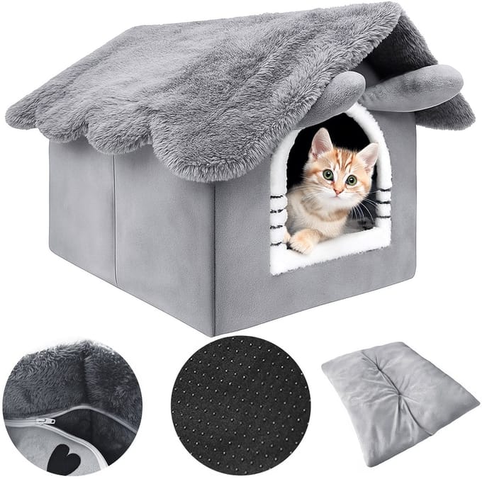 Mersjo Wiliam - Pluchen Kattenhuis - Anti-slip Basis - Verwijderbare Dak - Grijs