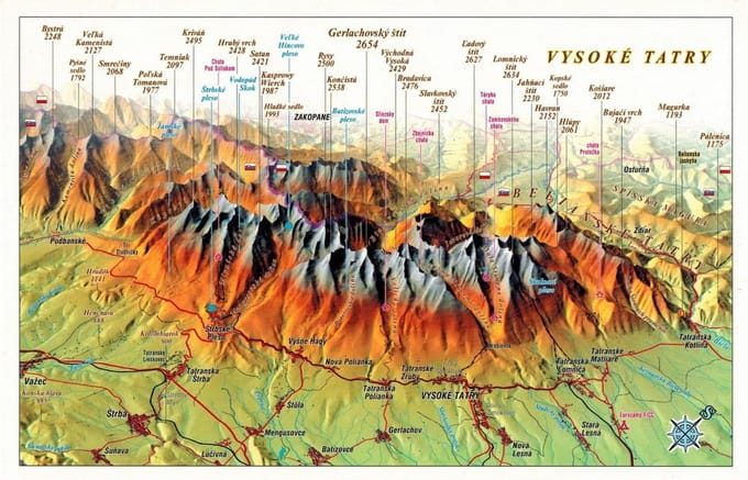 Hoge Tatra. Panoramische Kaart Met 3D-Effect. Ansichtkaart