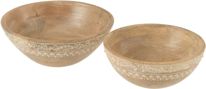 J-Line kom Kralen - hout - naturel/wit - set van 2