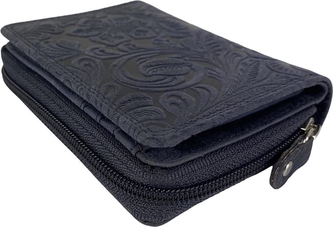 Portemonnee Dames - Buffelleer - Leer - RFID - Bloemenprint - Donkerblauw - Arrigo