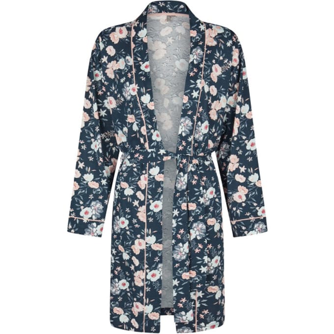 By Louise Dames Kimono Ochtendjas Donkerblauw Gebloemd - Maat S