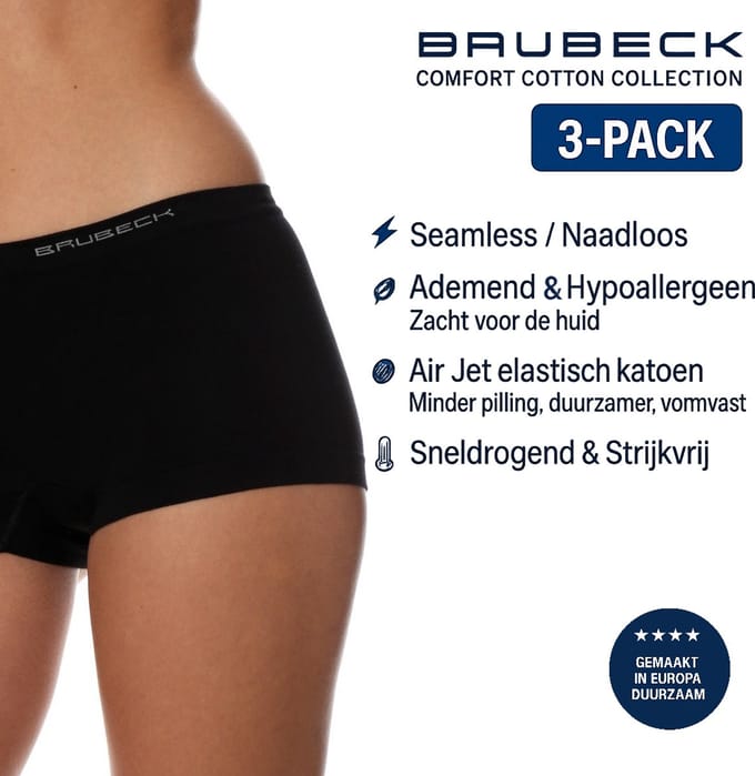 Brubeck Dames Boxershort – Naadloos (Seamless) Elastisch Katoen – 3-Pack - Zwart L