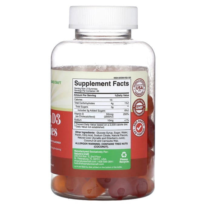 Nature's Craft, Gummies à la vitamine D3, pêche, mangue, fraise, 2 000 UI (50 mcg), 120 bonbons gélifiés (1 000 UI (25mcg) par bonbon)