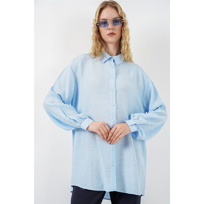 Oversized Geweven Lange Blouse met Shirtkraag