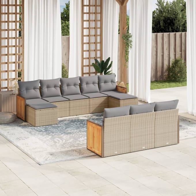 vidaXL - 10-delige - Loungeset - met - kussens - poly - rattan - beige