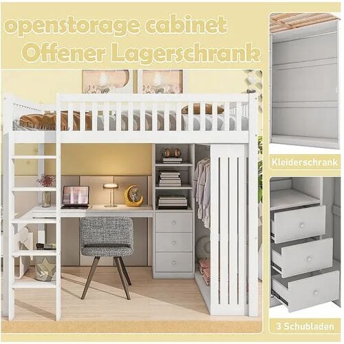 KOMHTOM Mezzanine bed, 140*200 cm, bureau, kledingkast, 3 laden, open kastruimte, balustrade, trap, zonder matras, wit