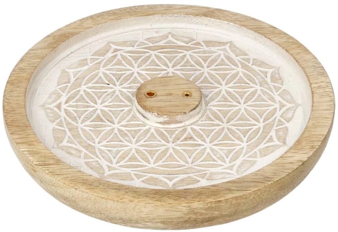 Wierookhouder Bloem des Levens Mandala Mangohout Whitewash - 14 cm x 15 cm x 2 cm
