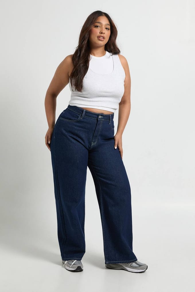 boohoo Dames Plus Basics Hoge Taille Rechte Pijp Jeans | Indigo | Maat: 16/32L