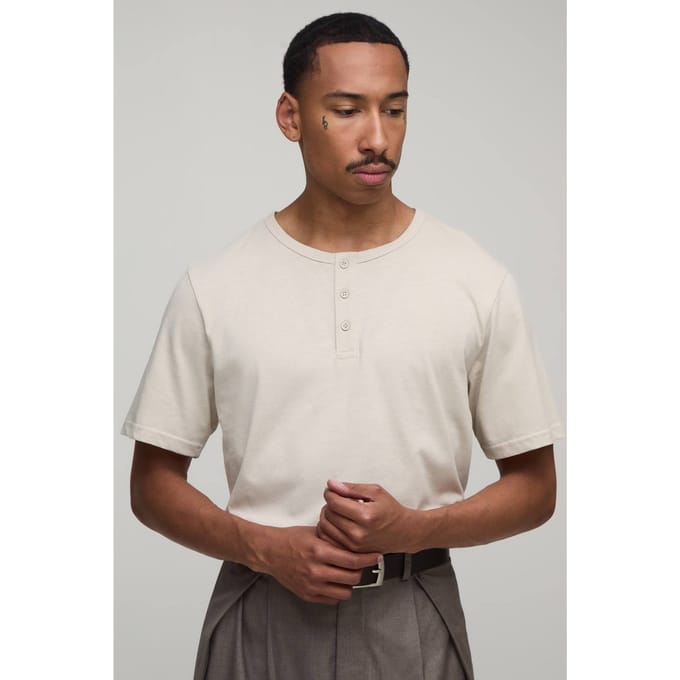 Essentieel Regular Fit Henley T-shirt | Stone | Size Medium