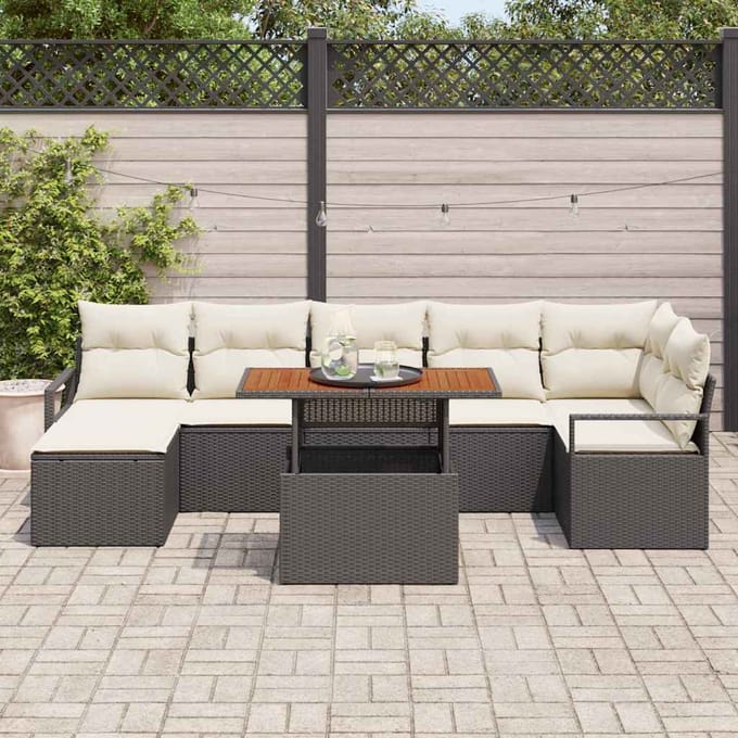 vidaXL Tuin Eettafel Set met kussen 8 pcs Zwart en Crème
