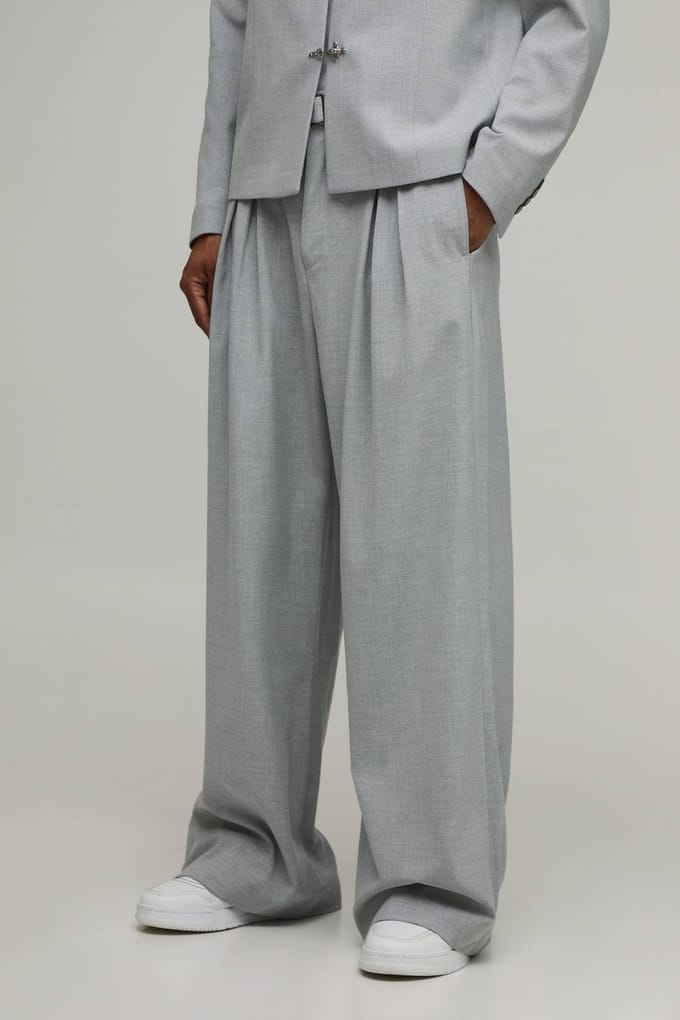 Pantalon De Costume Large À Double Plis Et Ceinture Ajustée | Grey | Size 36