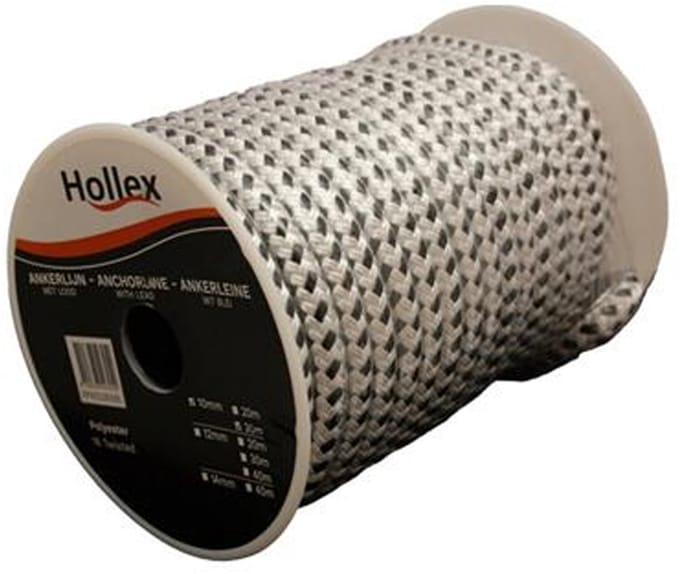 Hollex ankerlijn met lood wit/zwart 12mm rol=40mtr