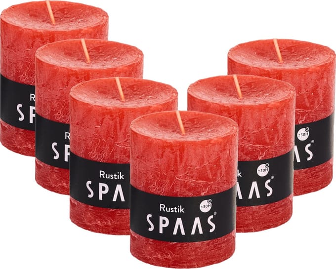 Spaas Rustieke Stompkaarsen 70/80 mm - Rood - circa 30u - 6 stuks