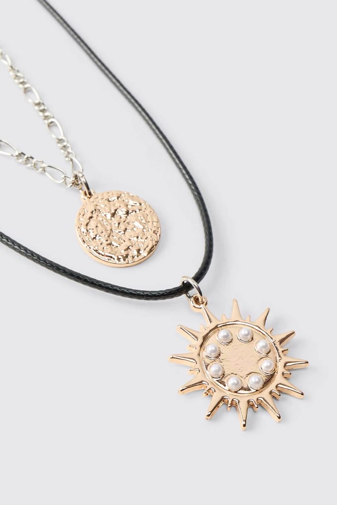 Double-Layered Necklace with Sunburst and Medallion | Gold