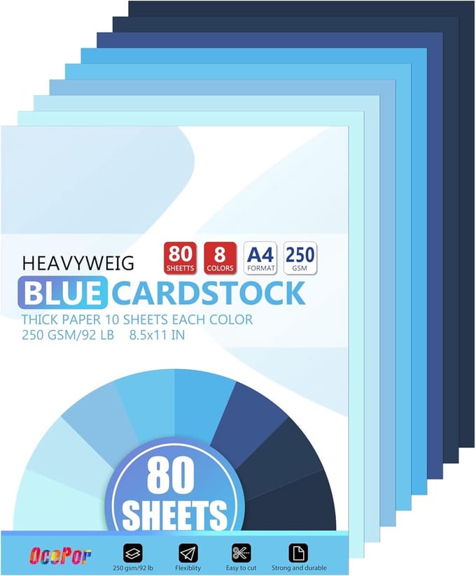 Blauw Karton Papier - Gekleurd Printerpapier Dik - Kaarten Maken Knutselen - 80 Vellen 250 G/M²