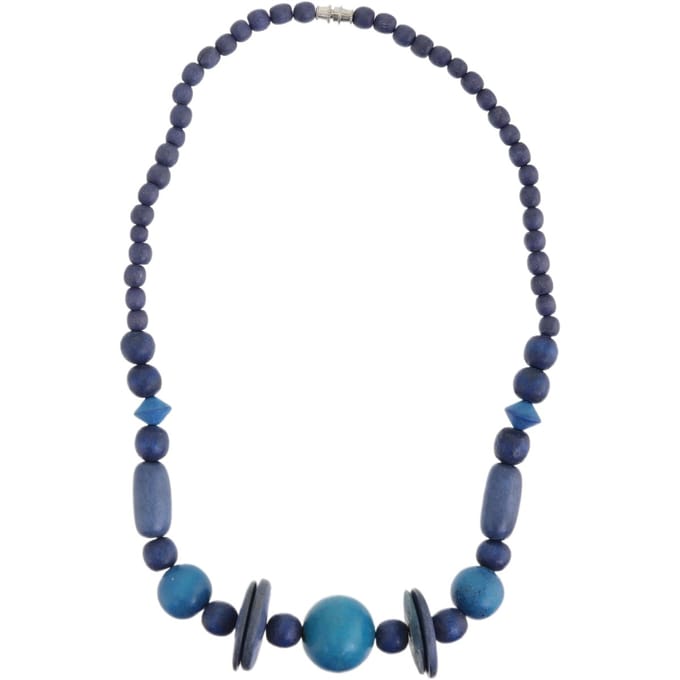 Behave – Ketting – Hout – Blauwe Kralen – 48 cm – Handgemaakt