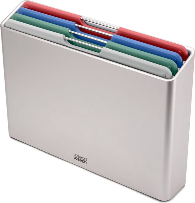 Joseph Joseph Folio™ Snijplankenset 4-delig – Large – Zilver – Kleurgecodeerd – Met Opbergstand – RVS Handgrepen