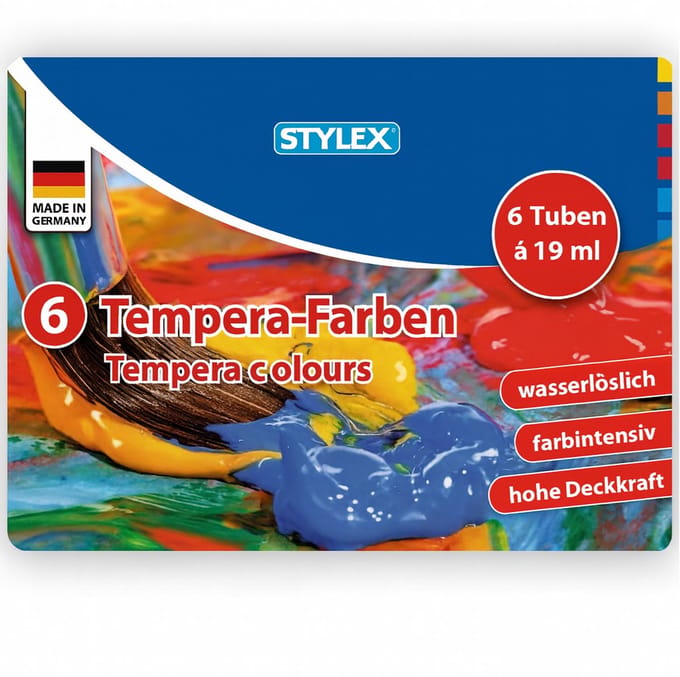 Stylex Tempera Verf - 6 tubes à 19ml - Geel, rood, dekwit, blauw, groen, zwart