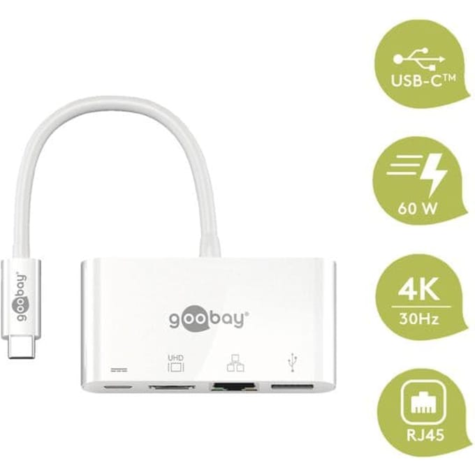 Goobay USB-C multiport-adapter naar HDMI en Ethernet, PD, wit, voegt aan een USB-C-poort een Ethernet-, HDMI- en USB-A-aansluiting toe (USB 3.2)