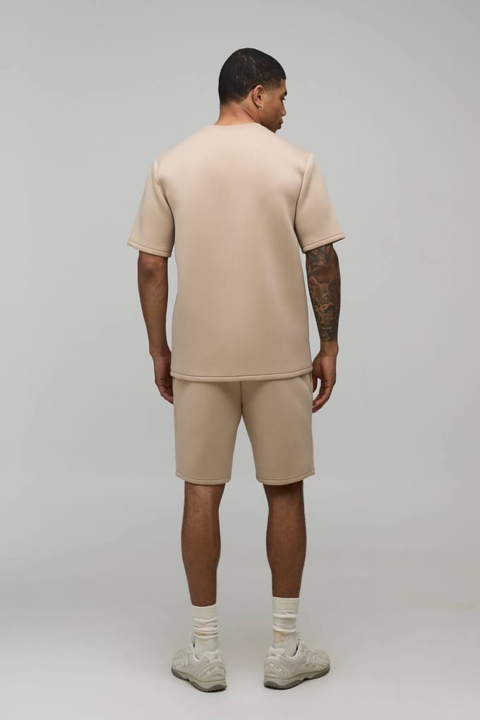 Regular Fit Gebonden Scuba T-shirt & Slim Pintuck Short Set | Taupe | Size Medium