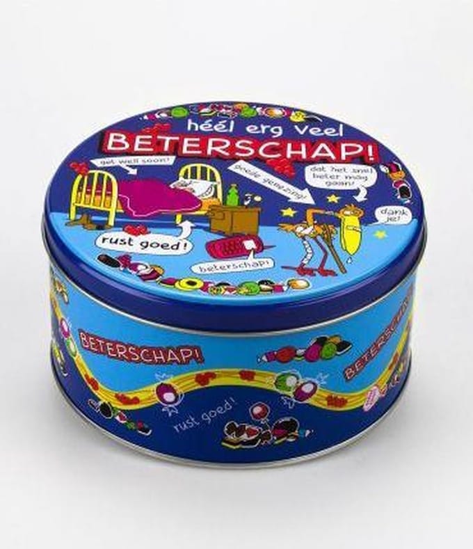 Drop - Snoeptrommel - Beterschap - Gevuld met Drop - In cadeauverpakking met gekleurd lint