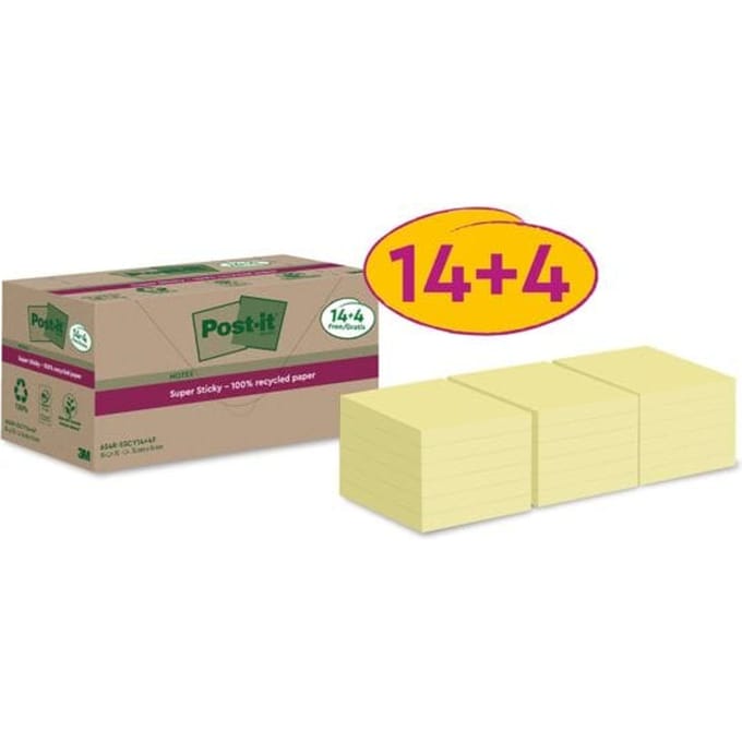 Post-it® sticky notes Super Sticky Recycling Notes 654 RSSCY 14+4F, B 76 x D 76 mm, PEFC® papier, geel, 14 + 4 pads gratis, 70 vellen/pad