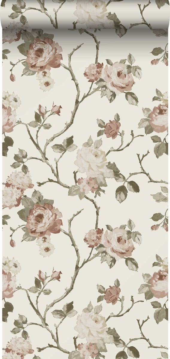 ESTAhome behang vintage bloemen gebroken wit en oudroze - 53 cm x 10.05 m - 139406