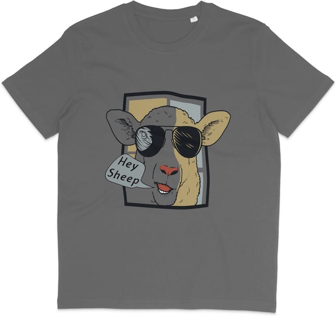 Grappig Dames en Heren T Shirt - Cartoon Schaap - Tekst: Hey Sheep - Grijs - M