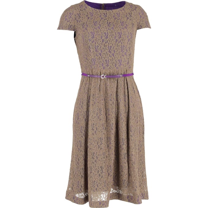 Max Mara Ceintuur Midi-jurk van Kanten in Bruin Polyester