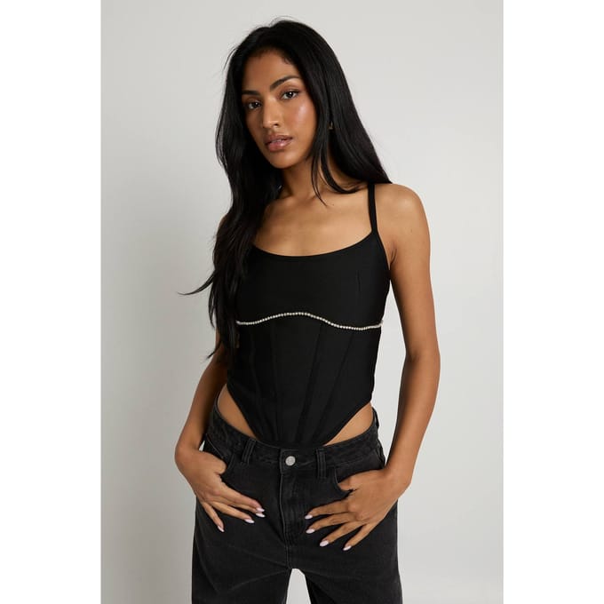 boohoo Dames Geweven korset met diamantenaccent | Black | Maat: 8
