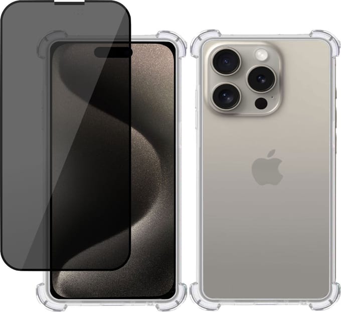 Hoesje geschikt voor iPhone 15 Plus + Privé Screenprotector – Privacy Tempered Glass - Case Transparant
