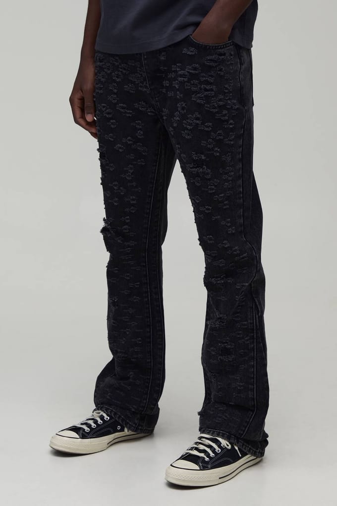 Volledig Gescheurde Gestapelde Gusset Slim Flared Jeans | Charcoal | Size 30R