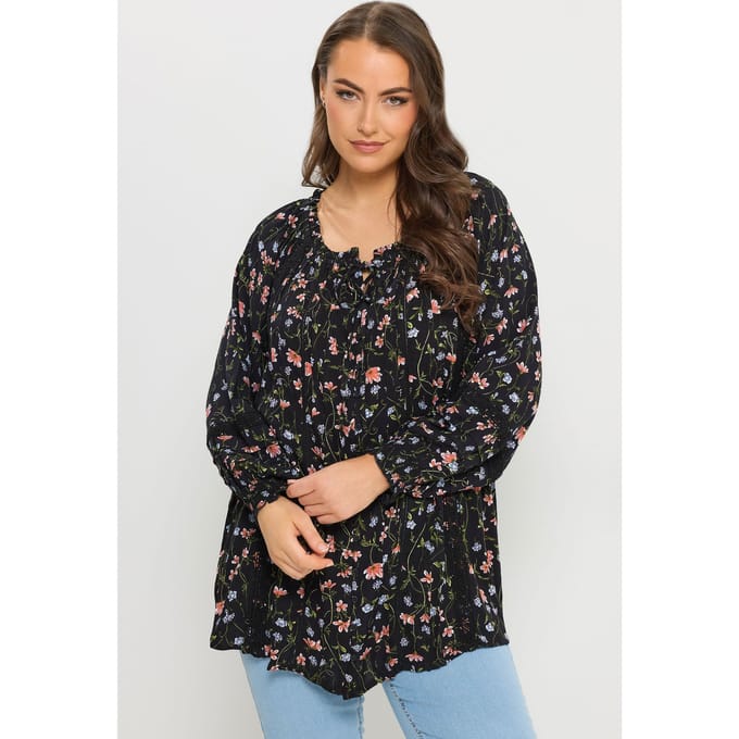 Yours Zwarte Top Met Bloemenprint En Plooien Size 46