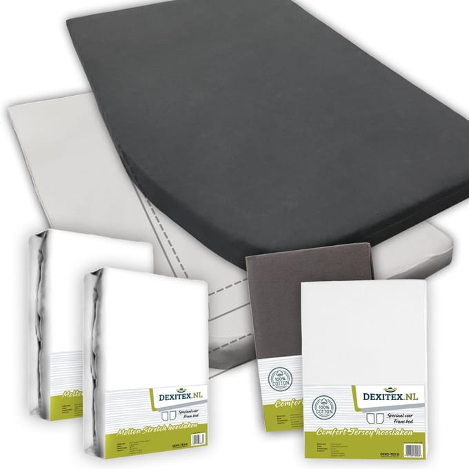 Dexitex Textielpakket Frans bed - 2 moltons met 2 hoeslakens, LINKS 1 x Wit + 1x Antraciet