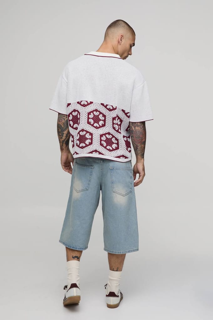Oversized Boxy Spliced Crochet Tapestry Knitted Polo T-Shirt | Taupe | Size Medium
