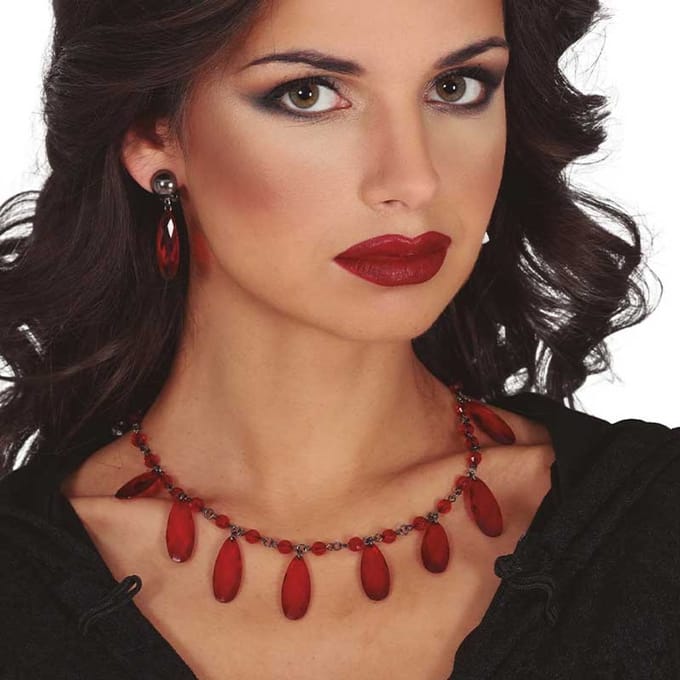 Fiestas Guirca - Ketting en oorbellen Ruby Rood (set) - Halloween - Halloween accessoires - Halloween verkleden