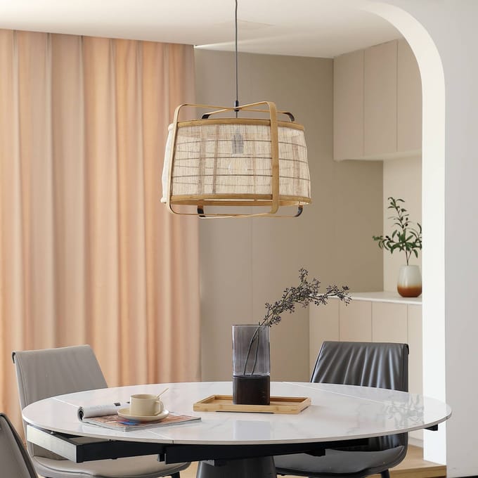 Lindby - hanglamp - 1licht - Bamboe, ijzer - H: 35 cm - E27 - licht hout, zwart