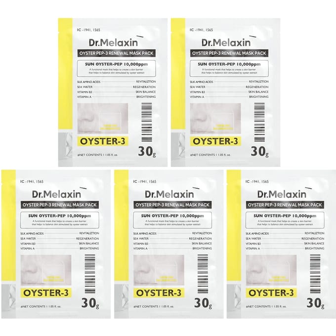 Dr. Melaxin, Pack de masques beauté régénérants Oyster Pep-3, 5 feuilles, 30 g (1,05 fl oz) chaque yellow