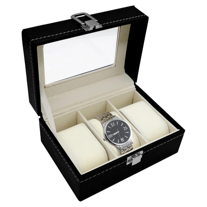 Dailygoods - Elegante Horlogedoos met Glazen Deksel - 3 Compartimenten voor Mannen en Vrouwen